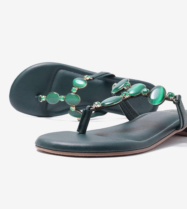 Embellished T-Strap Beaded Flats - Bottle Green