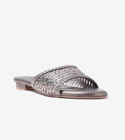 Weaved Strap Slide Flats - Gunmetal
