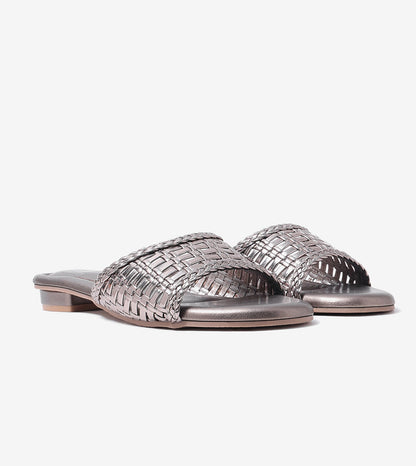 Weaved Strap Slide Flats - Gunmetal