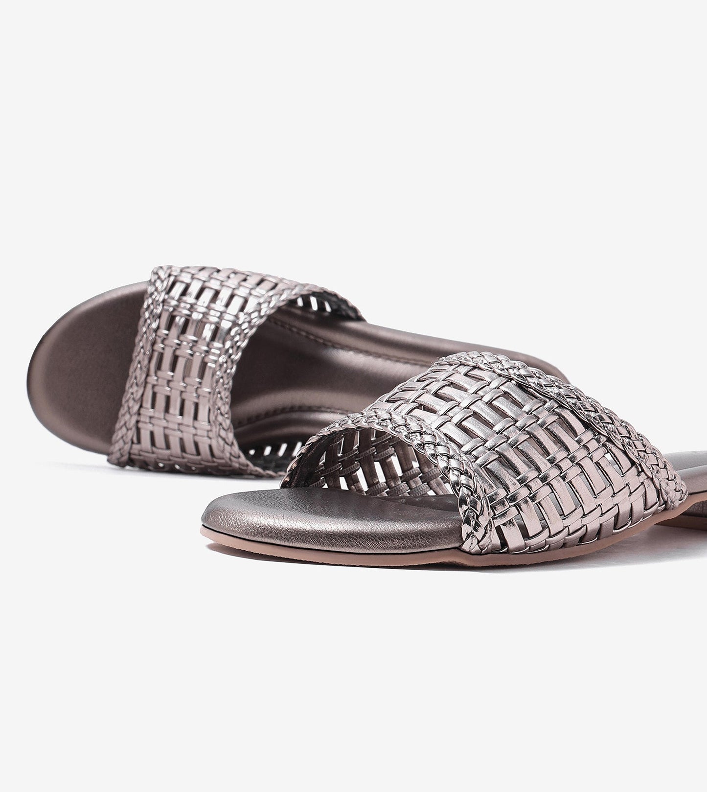 Weaved Strap Slide Flats - Gunmetal