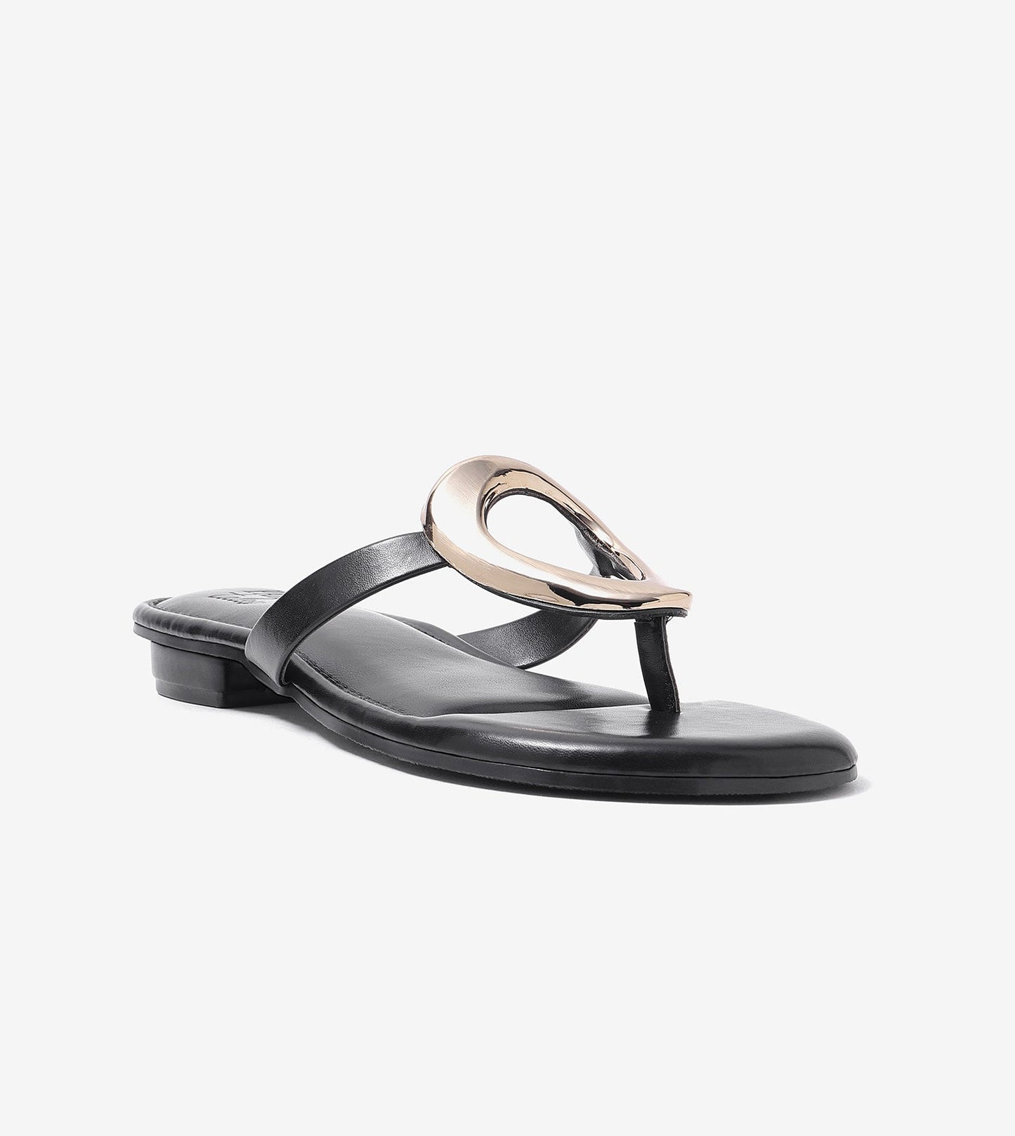 Metallic Accent T-Strap Flats Sandal - Black