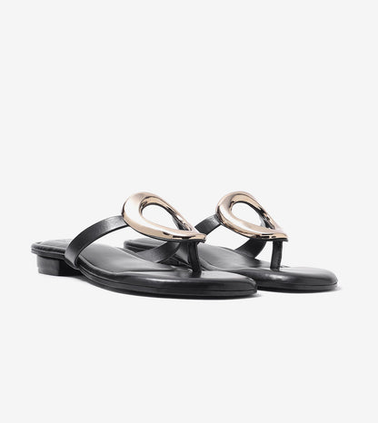 Metallic Accent T-Strap Flats Sandal - Black