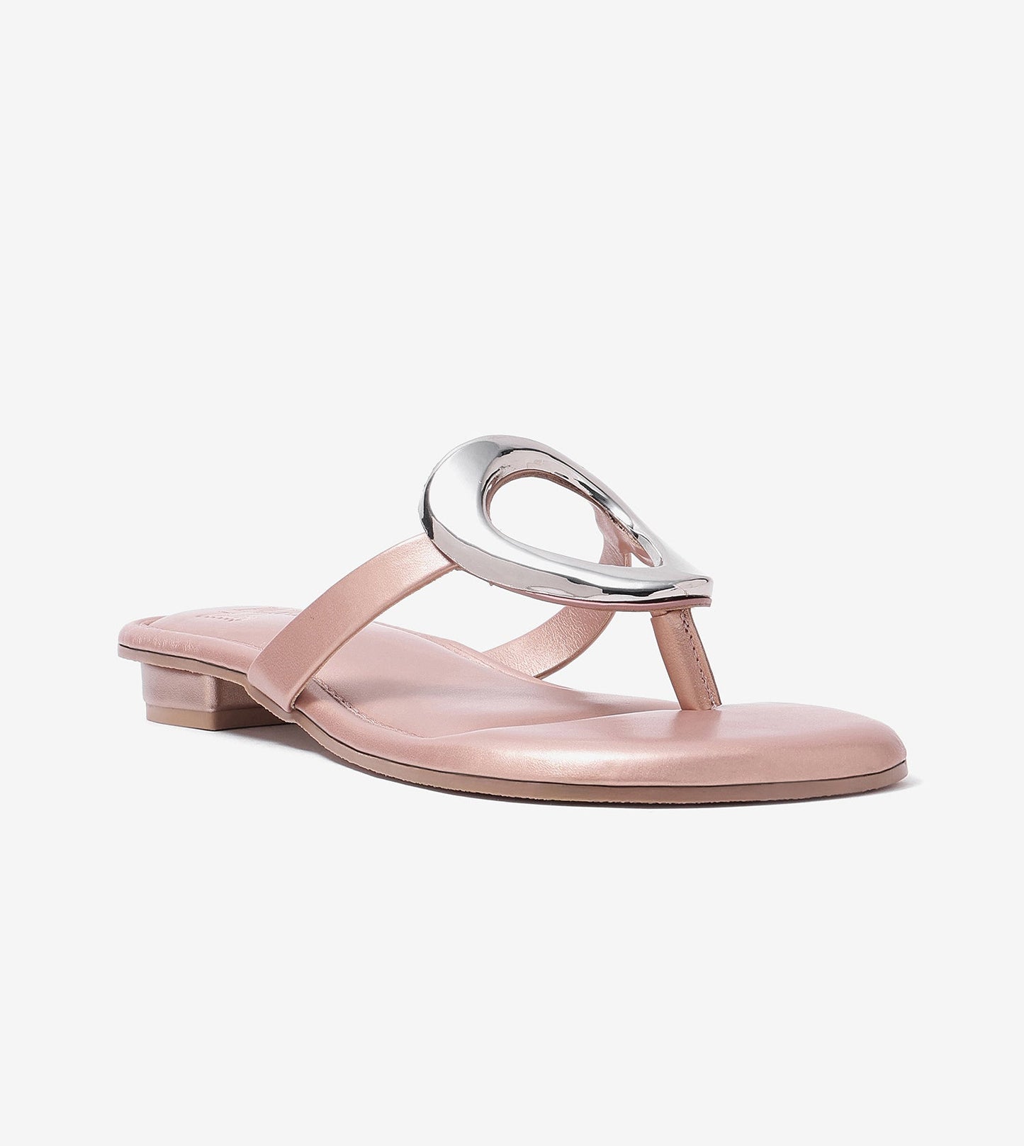 Metallic Accent T-Strap Flats Sandal - Peach
