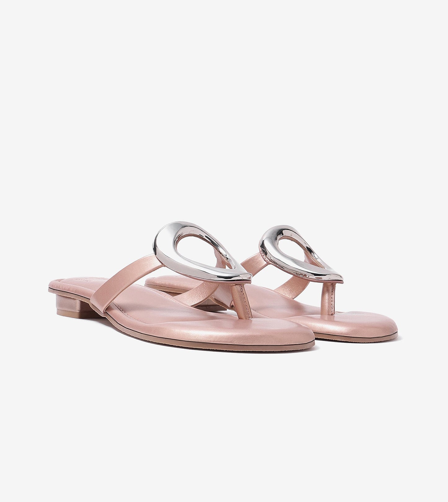 Metallic Accent T-Strap Flats Sandal - Peach