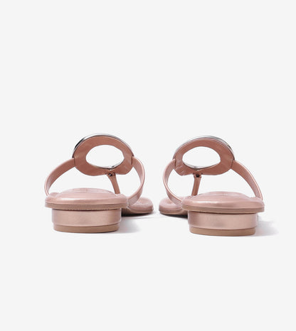 Metallic Accent T-Strap Flats Sandal - Peach
