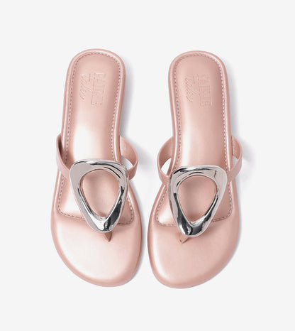 Metallic Accent T-Strap Flats Sandal - Peach