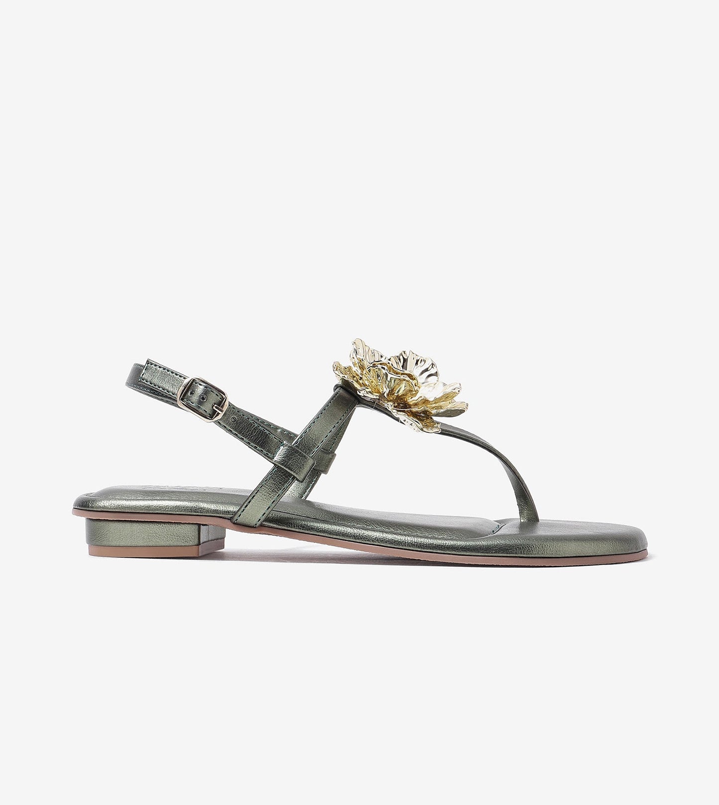 Floral Flats Sandal - Metallic Green