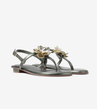 Floral Flats Sandal - Metallic Green