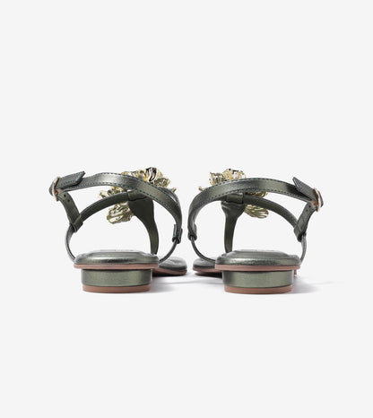 Floral Flats Sandal - Metallic Green