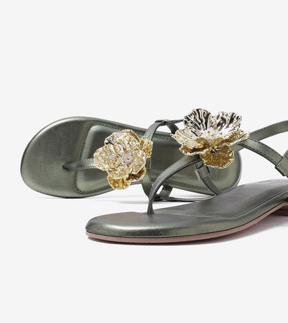 Floral Flats Sandal - Metallic Green