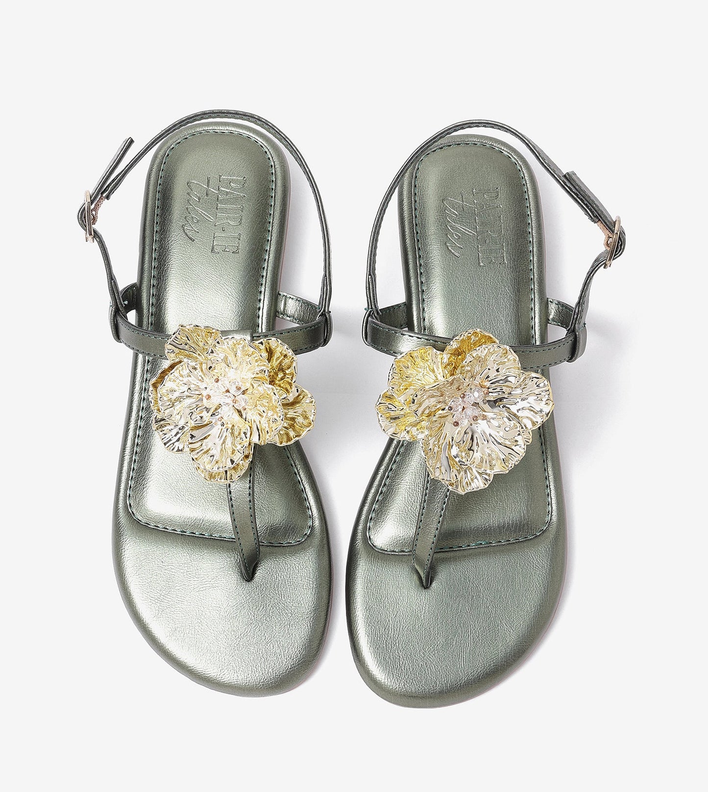 Floral Flats Sandal - Metallic Green