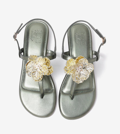 Floral Flats Sandal - Metallic Green