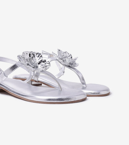 Floral Flats Sandal - Silver