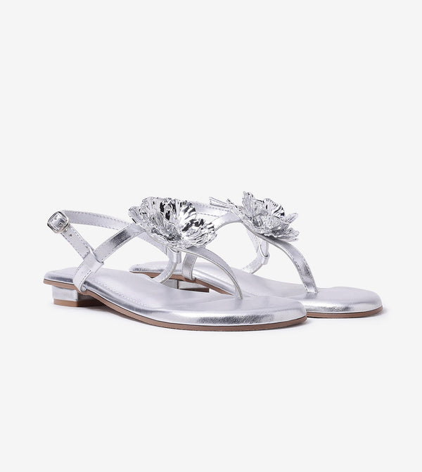 Floral Flats Sandal - Silver