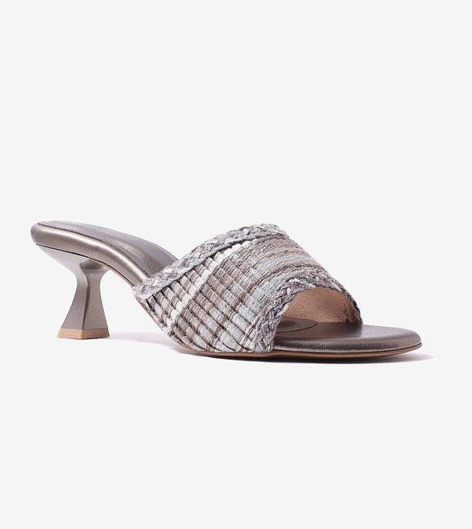 Textured Weave Kitten Heel Mules - Gunmetal