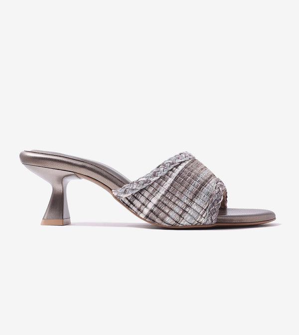 Textured Weave Kitten Heel Mules - Gunmetal