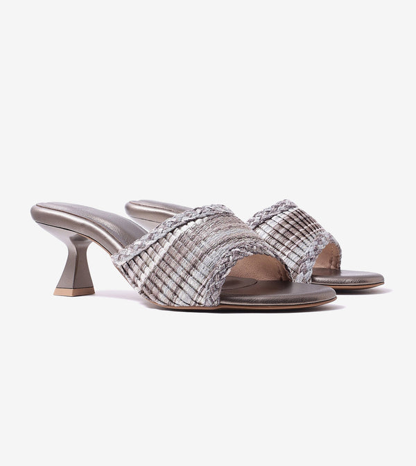 Textured Weave Kitten Heel Mules - Gunmetal