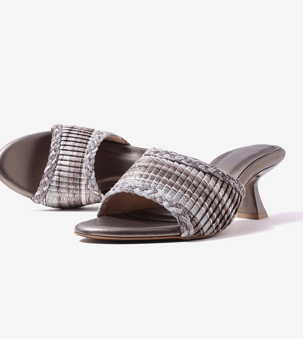 Textured Weave Kitten Heel Mules - Gunmetal