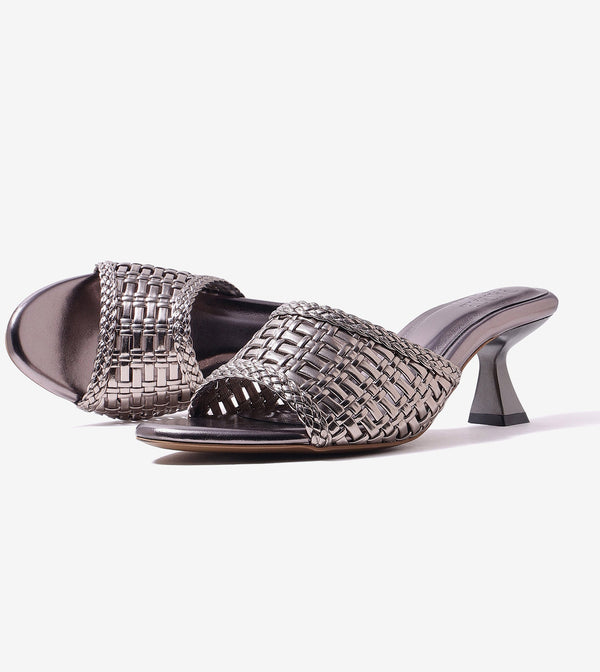 Woven Statement Mule Heels - Gunmetal