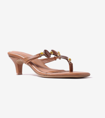 Embellished T-Strap Beaded Heels - Tan