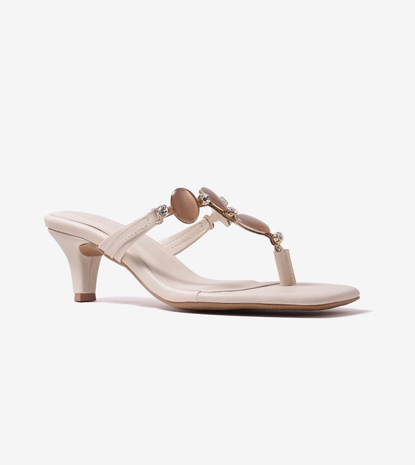 Beaded Heels Sandal - Beige