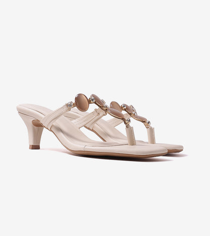 Beaded Heels Sandal - Beige