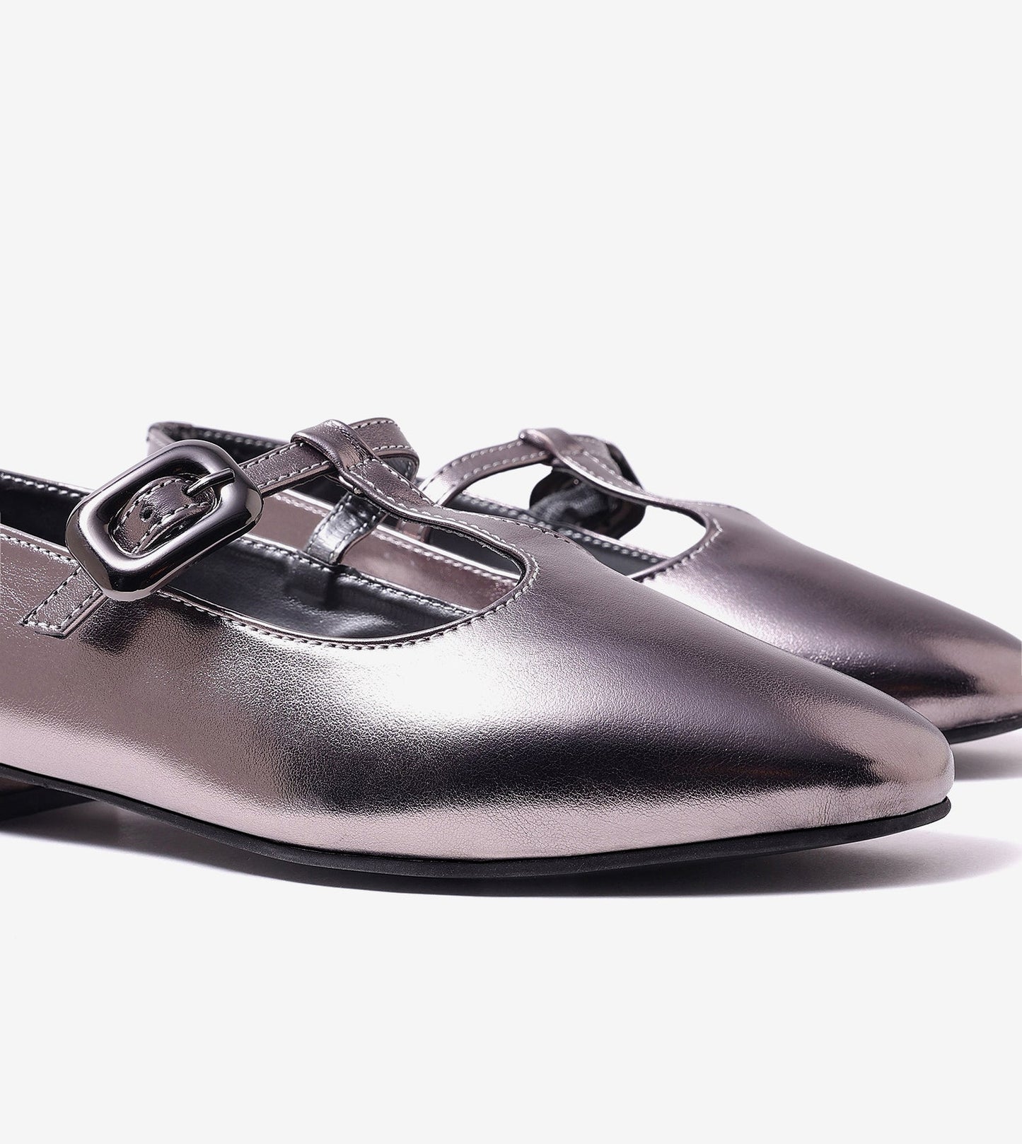 Classic Buckled Strap Mary Jane Flats - Gunmetal