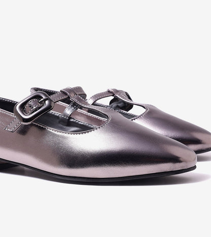 Classic Buckled Strap Mary Jane Flats - Gunmetal