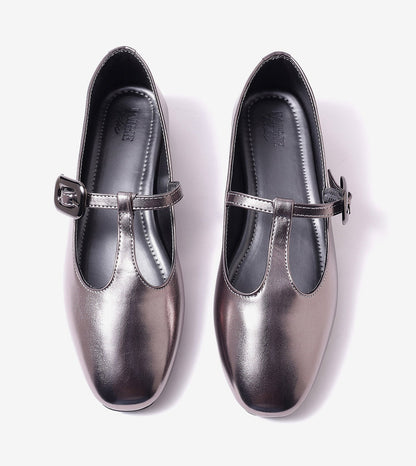 Classic Buckled Strap Mary Jane Flats - Gunmetal