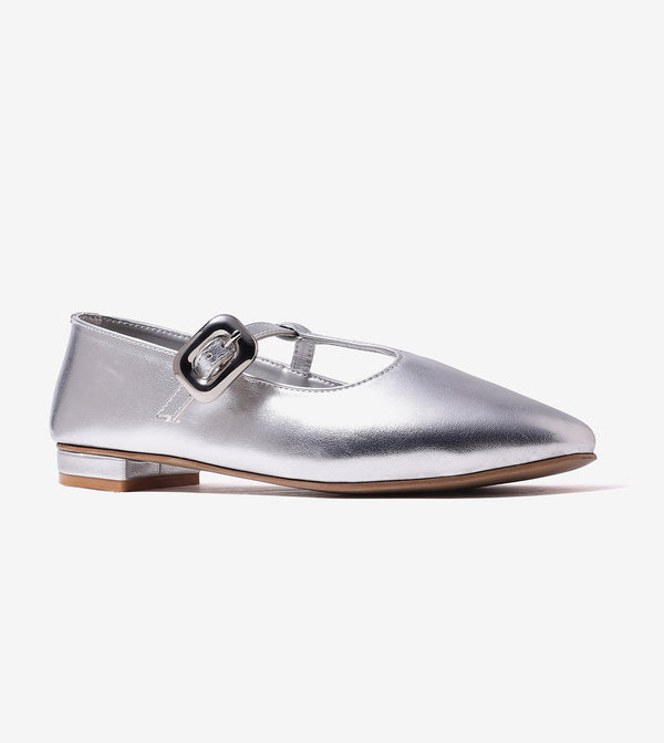 Classic Buckled Strap Mary Jane Flats - Silver