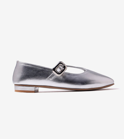 Classic Buckled Strap Mary Jane Flats - Silver