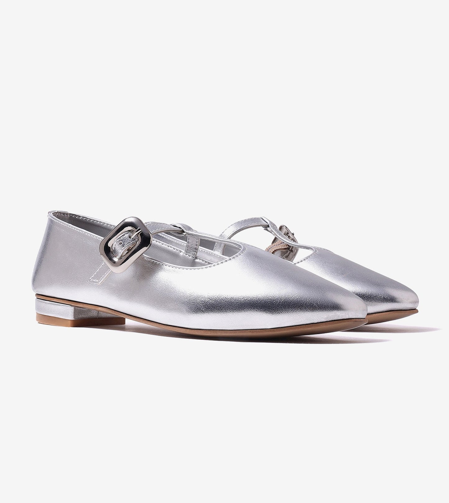 Classic Buckled Strap Mary Jane Flats - Silver