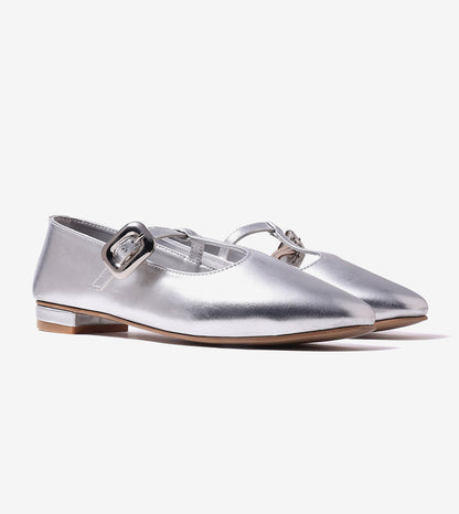 Classic Buckled Strap Mary Jane Flats - Silver