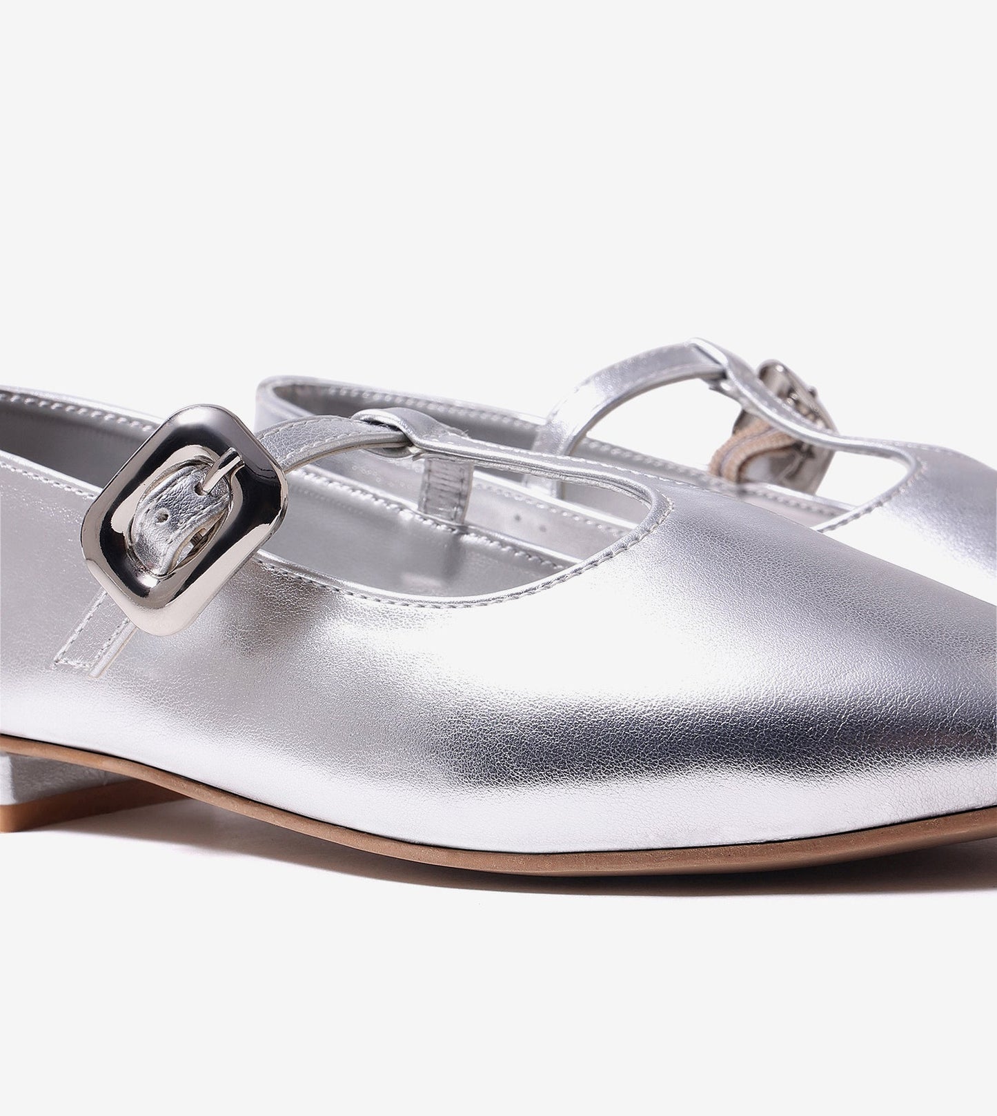 Classic Buckled Strap Mary Jane Flats - Silver