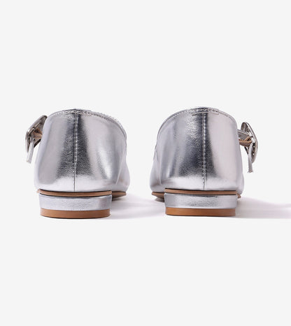 Classic Buckled Strap Mary Jane Flats - Silver