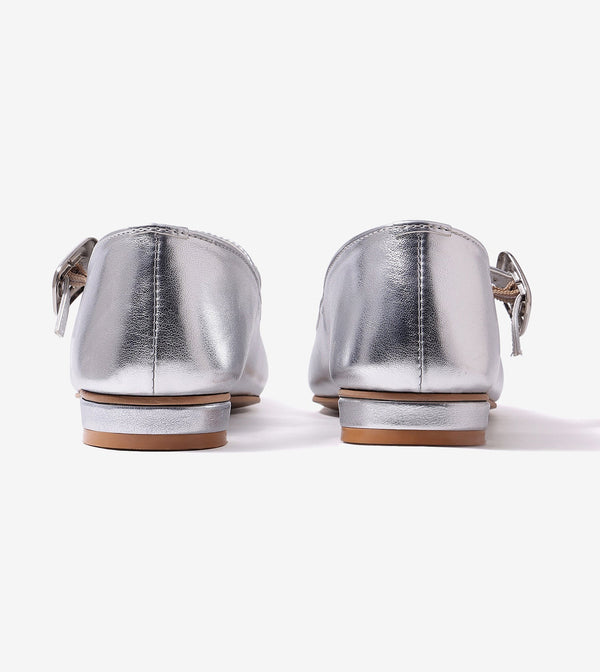Classic Buckled Strap Mary Jane Flats - Silver