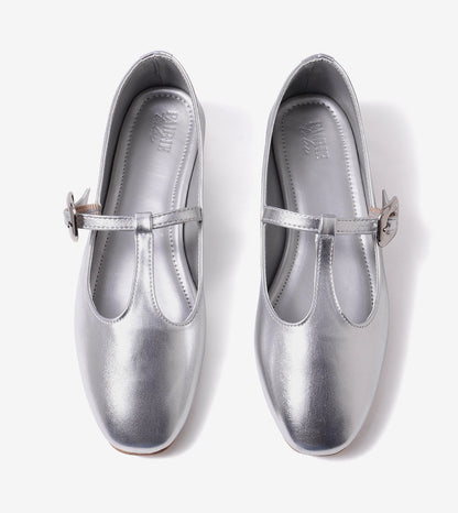 Classic Buckled Strap Mary Jane Flats - Silver