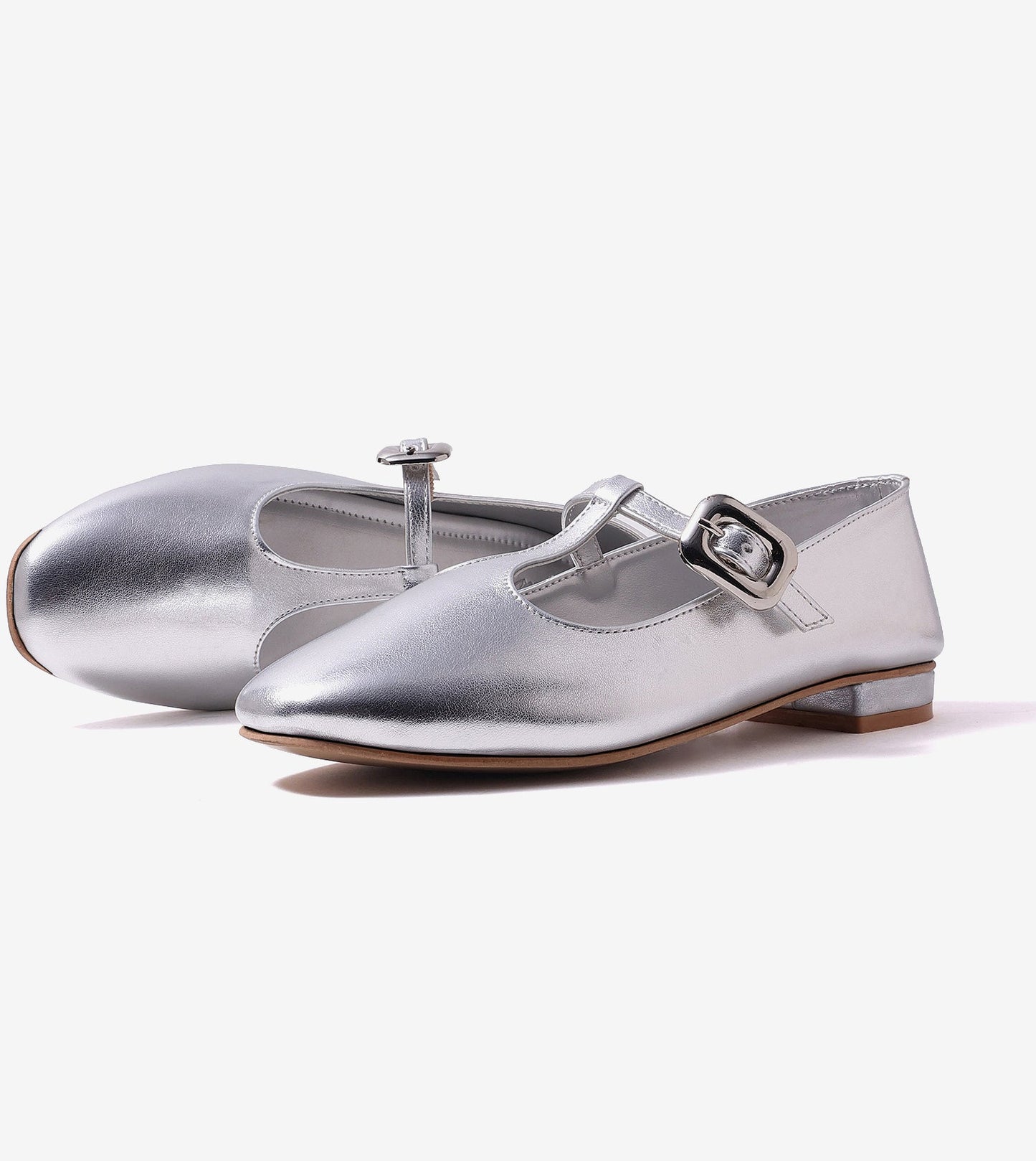 Classic Buckled Strap Mary Jane Flats - Silver