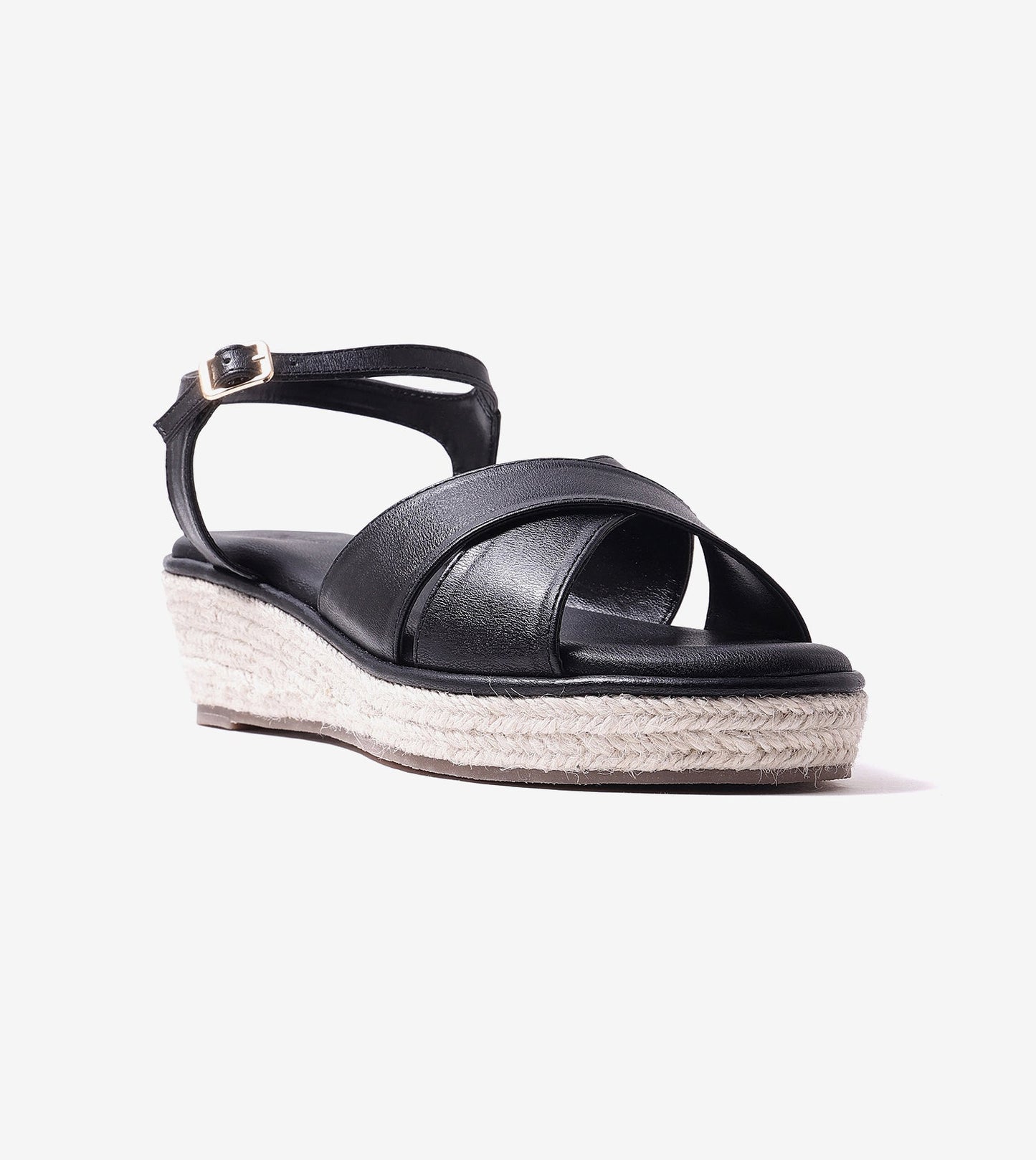 Cross-Strap Espadrille Wedges with Ankle Strap - Black