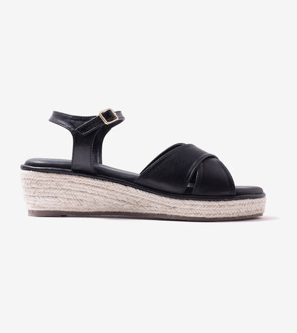 Cross-Strap Espadrille Wedges with Ankle Strap - Black