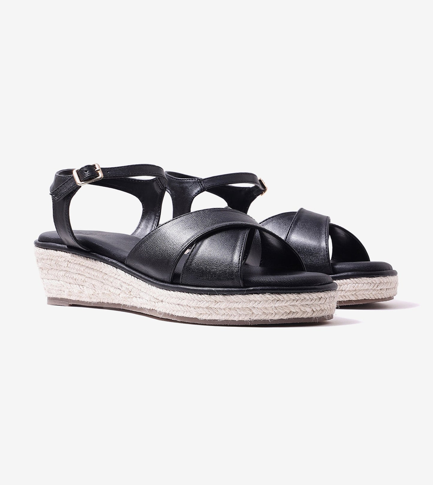 Cross-Strap Espadrille Wedges with Ankle Strap - Black