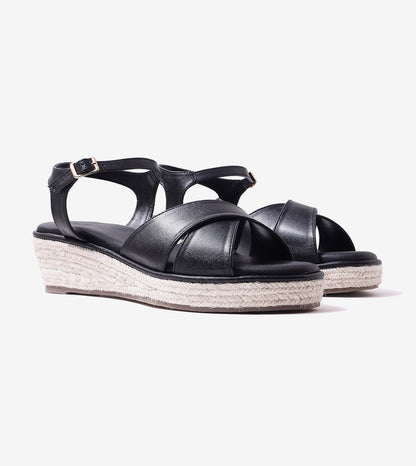 Cross-Strap Espadrille Wedges with Ankle Strap - Black