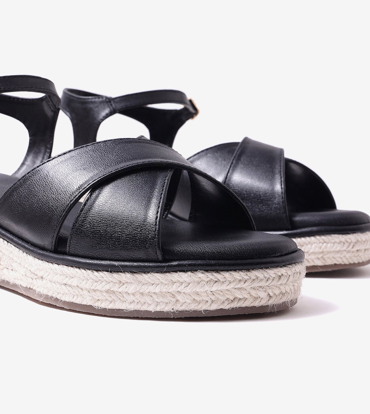 Cross-Strap Espadrille Wedges with Ankle Strap - Black