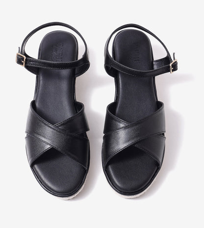 Cross-Strap Espadrille Wedges with Ankle Strap - Black
