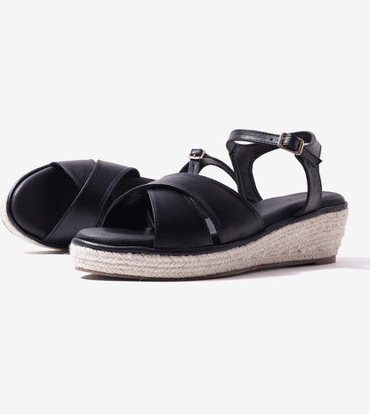 Cross-Strap Espadrille Wedges with Ankle Strap - Black