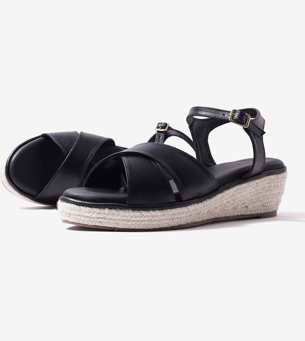 Cross-Strap Espadrille Wedges with Ankle Strap - Black