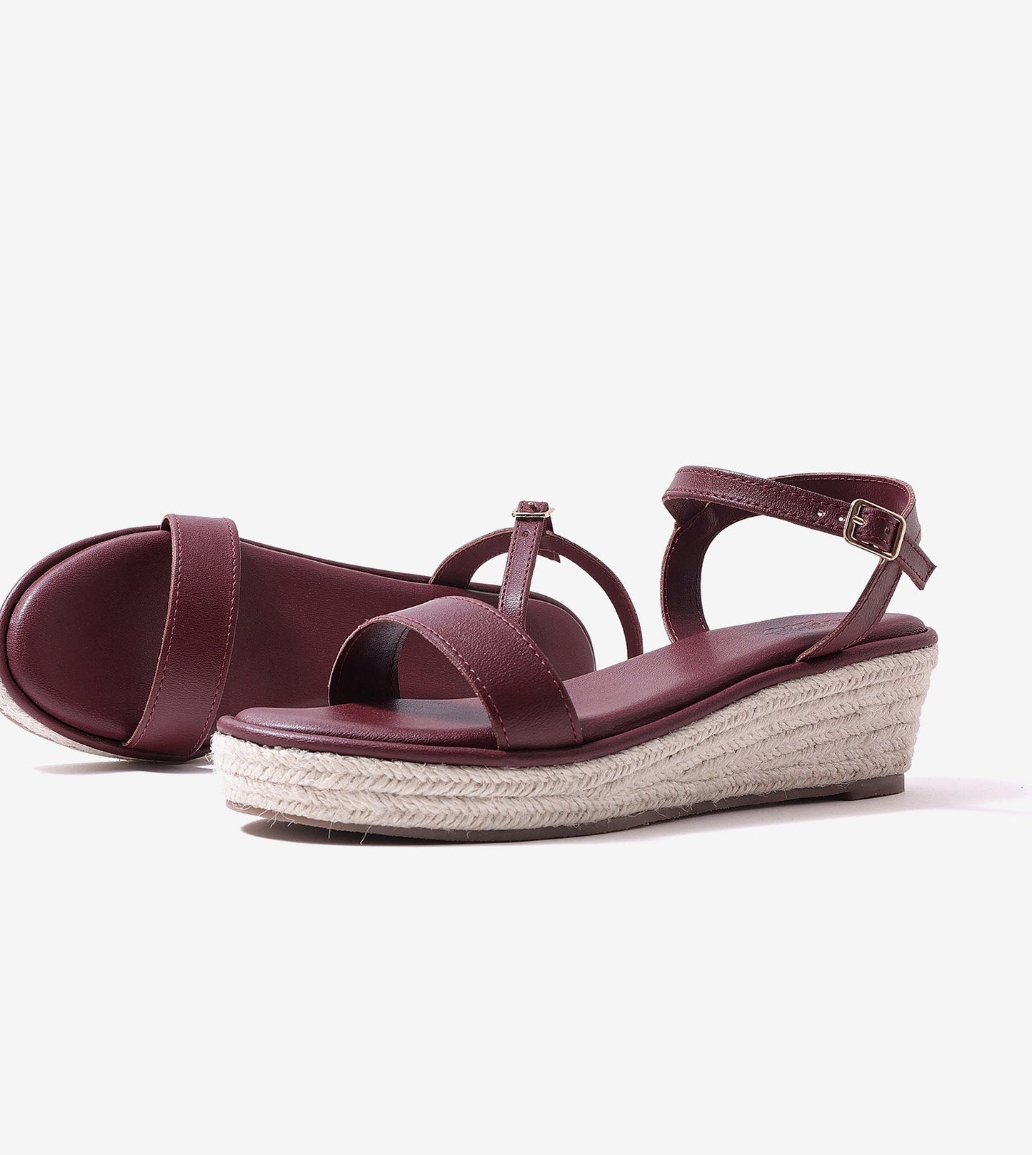 Minimal Two-Strap Platform Espadrille Wedges - Maroon