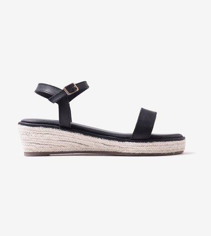 Minimal Two-Strap Platform Espadrille Wedges - Black