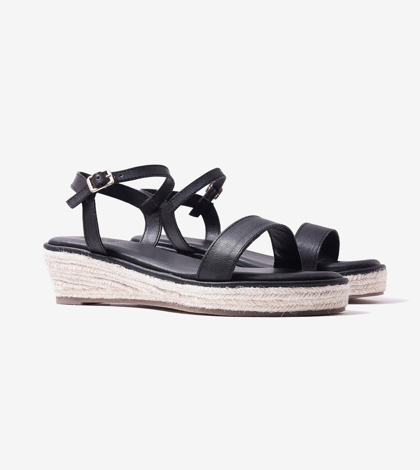 Minimal Two-Strap Platform Espadrille Wedges - Black