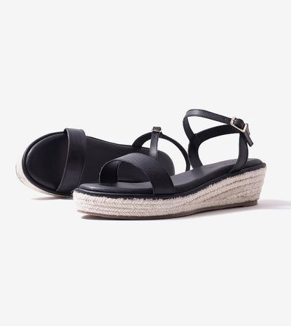 Minimal Two-Strap Platform Espadrille Wedges - Black